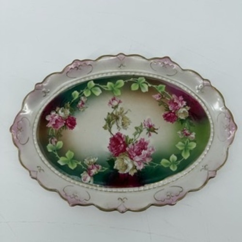 Antique Austrian Porcelain Floral Dresser Tray Hand Painted Roses Scalloped